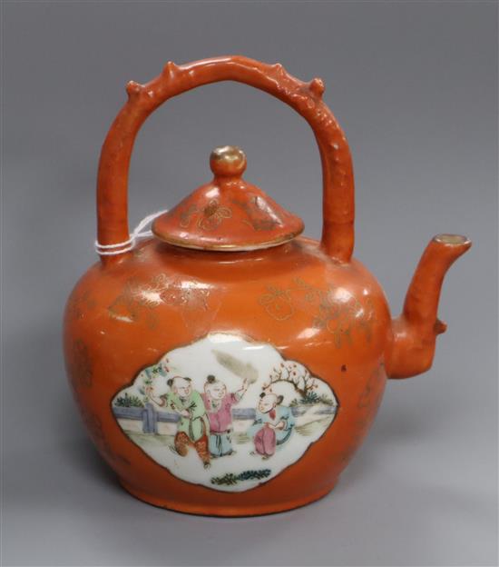 A Chinese coral ground famille rose teapot, late 19th century, H. 13cm